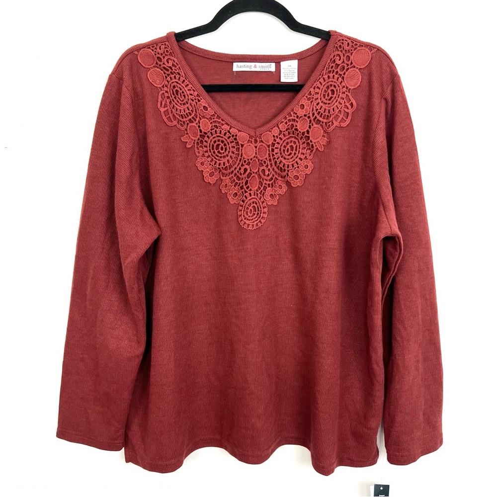 NWT‎ Hasting & Smith Sweater Guipure Lace V-Neck Soft Rust Red Rib Knit 3X ly